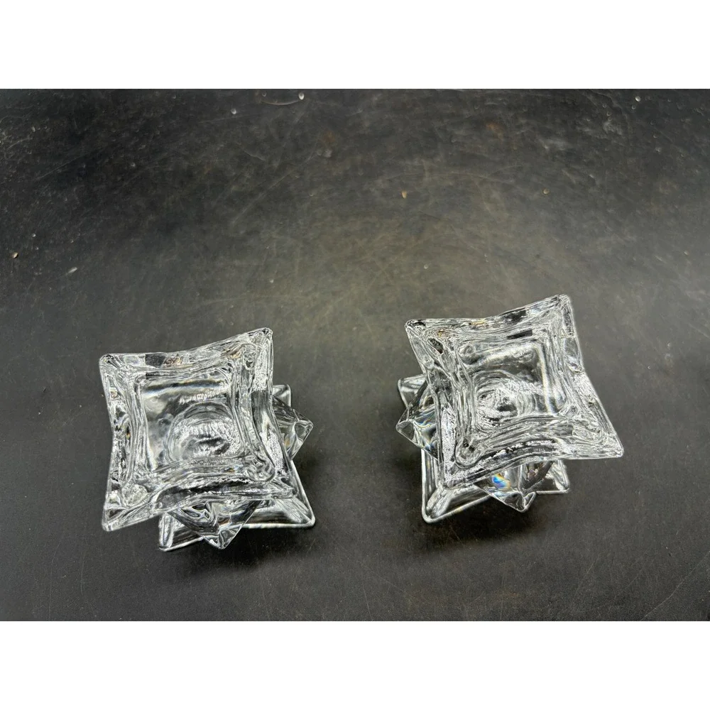 Vintage Geometric Clear Glass Star Candle Holders Set of 2 Taper Votive Pair